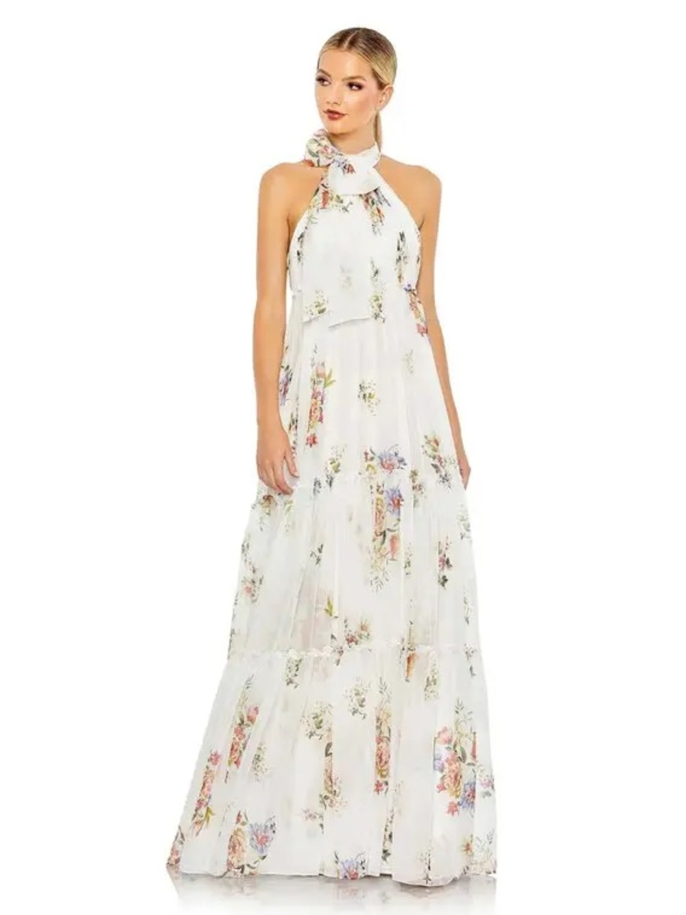 MAC DUGGAL Floral Print Ruched Tiered High Neck Bow Gown